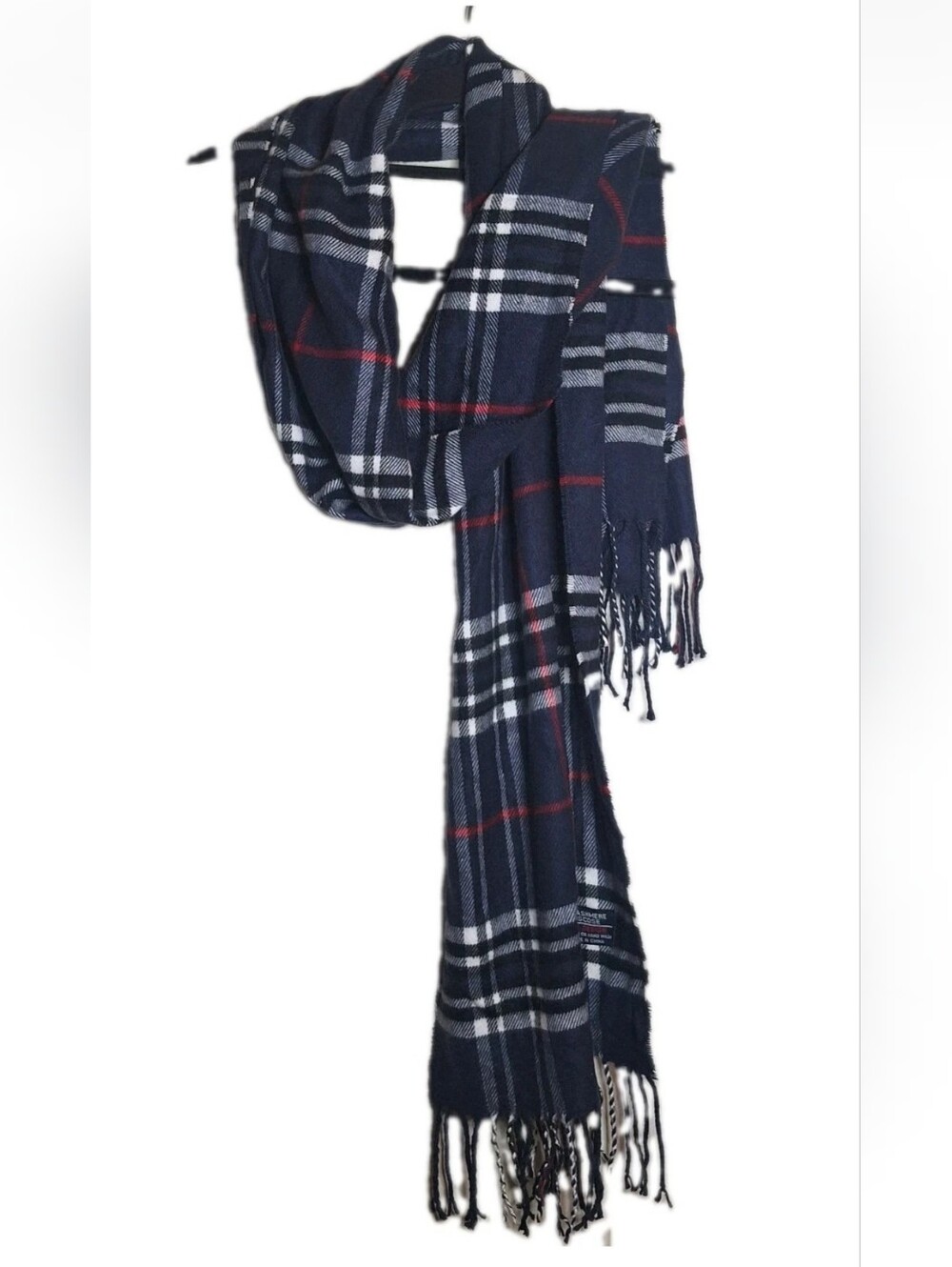 Navy Blue Cashmere Viscose Scarf Scarves Italian Design Check Plaid 62"